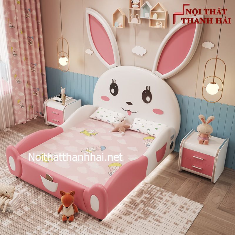 Giường công chúa bé tai thỏ màu hồng dễ thương, bé gái