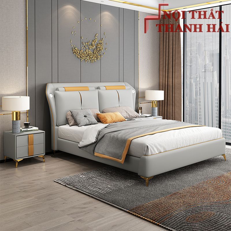 Giường ngủ Luxury cao cấp da bò thật từ Ý GN053
