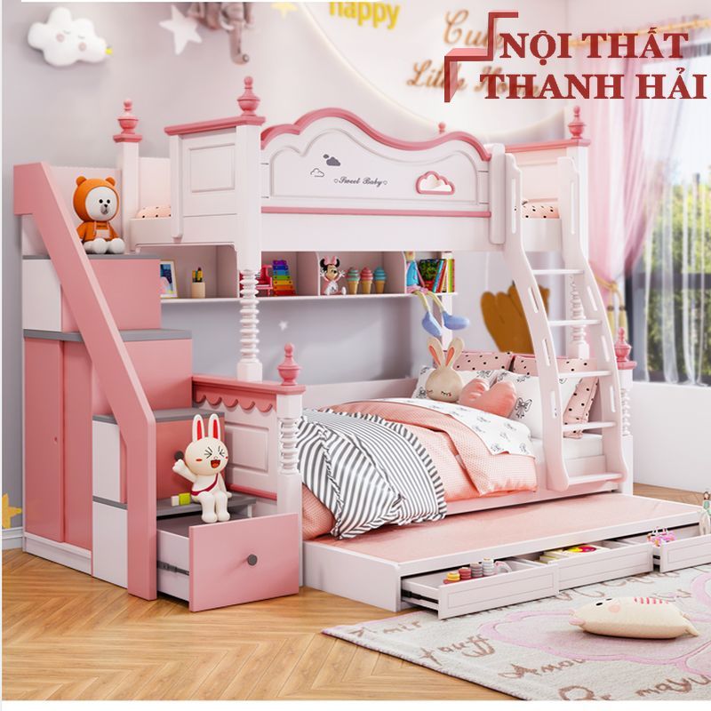 Giường tầng cho bé gái màu hồng hình đám mây GTE055