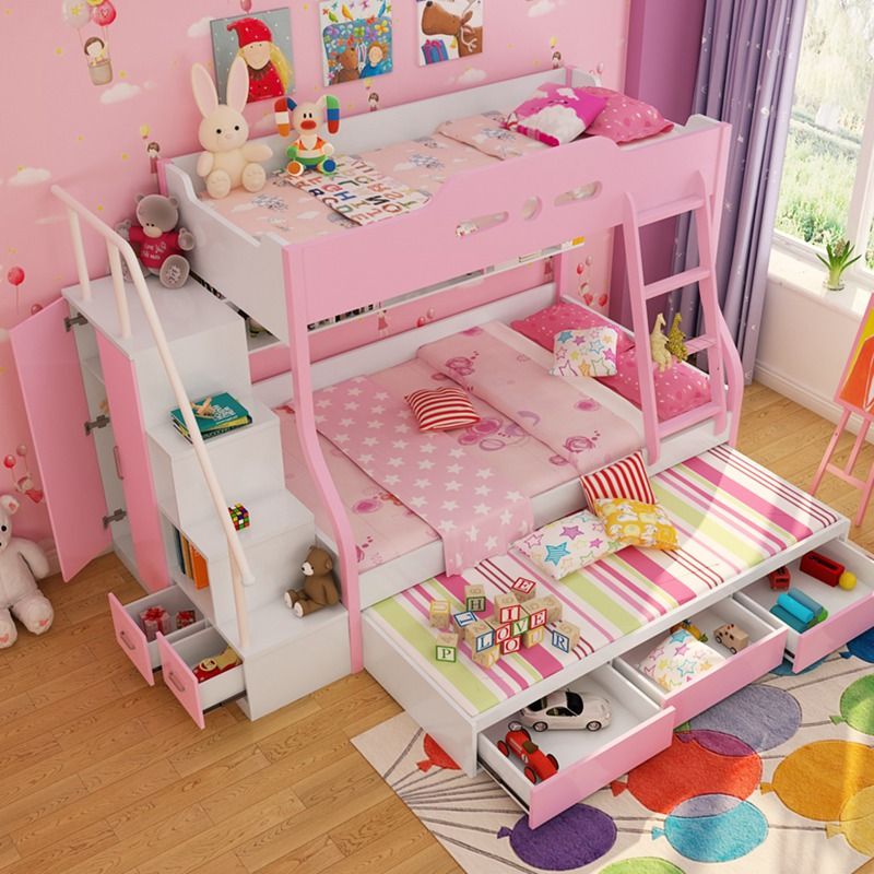 Giường tầng đa năng cho bé GTE044 có cầu thang, giường phụ, và ngăn kéo màu hồng