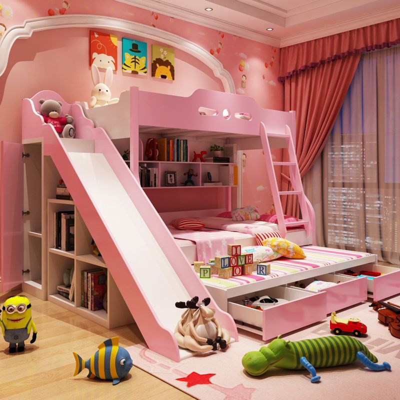 Giường tầng đa năng cho bé GTE044 có giường phụ, cầu trượt và ngăn kéo màu hồng