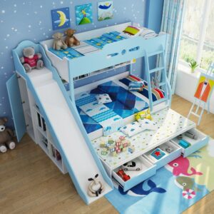 Giường tầng đa năng cho bé GTE044 có giường phụ, cầu trượt và ngăn kéo màu xanh nước biển