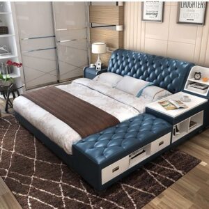 Giường tatami kiểu nhật bọc da có ngăn kéo GN008 xanh da trời