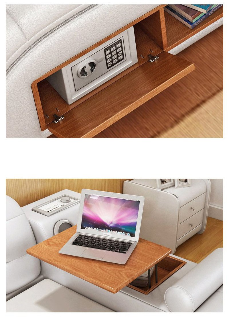 Giường hiện đại đa năng có ngăn kéo và ghế massage GN011 được tích hợp két sắt đi kèm & bàn để laptop tiện dụng
