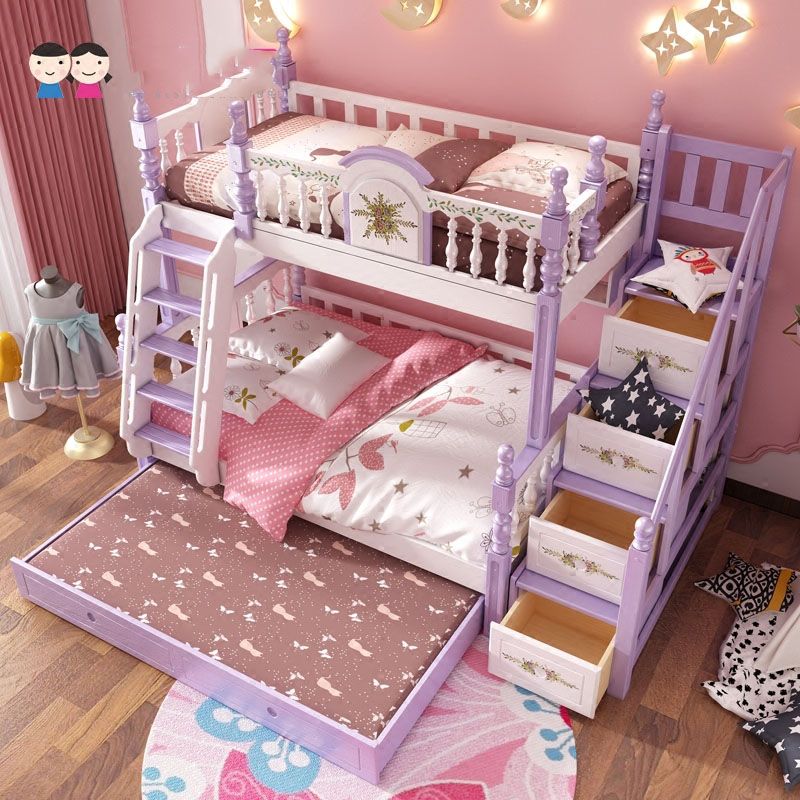 Giường tầng trẻ em kiểu công chúa đẹp GTE053 có cầu thang hộp màu tím đa năng