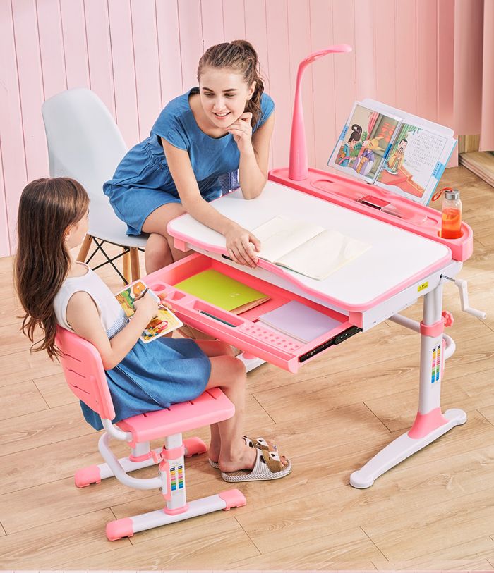 Bàn ghế học cho bé gái Kích thước thon gọn, có ngăn kéo để đồ học tập