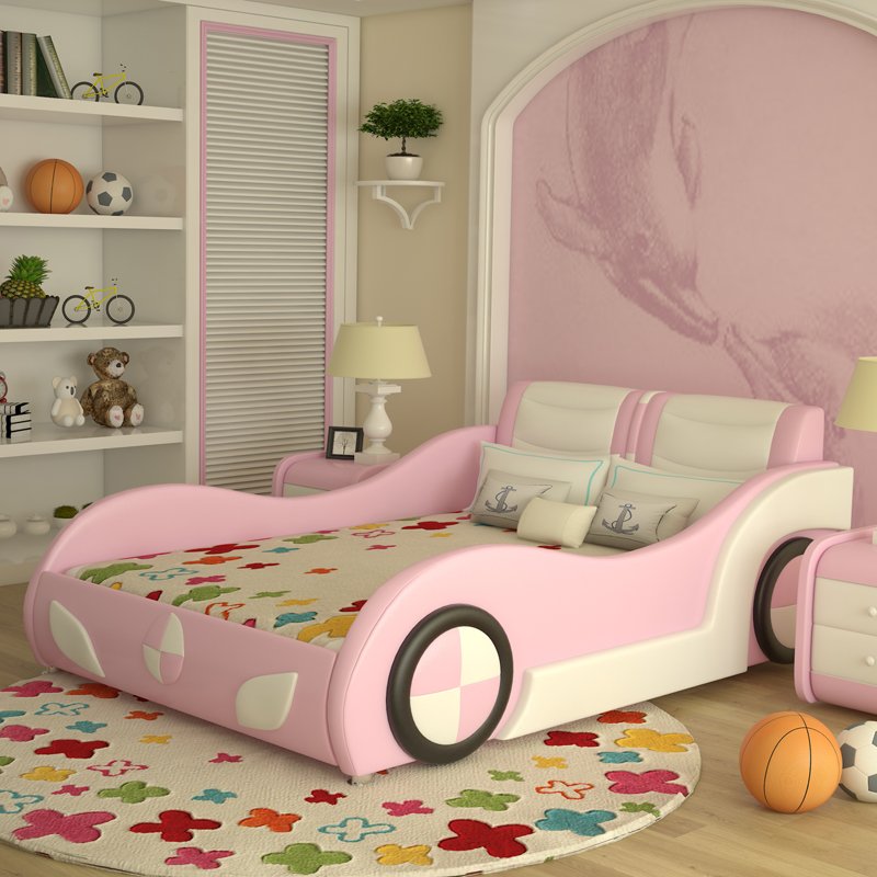 Giường ô tô trẻ em bọc da kiểu hoạt hình GTE089 màu hồng