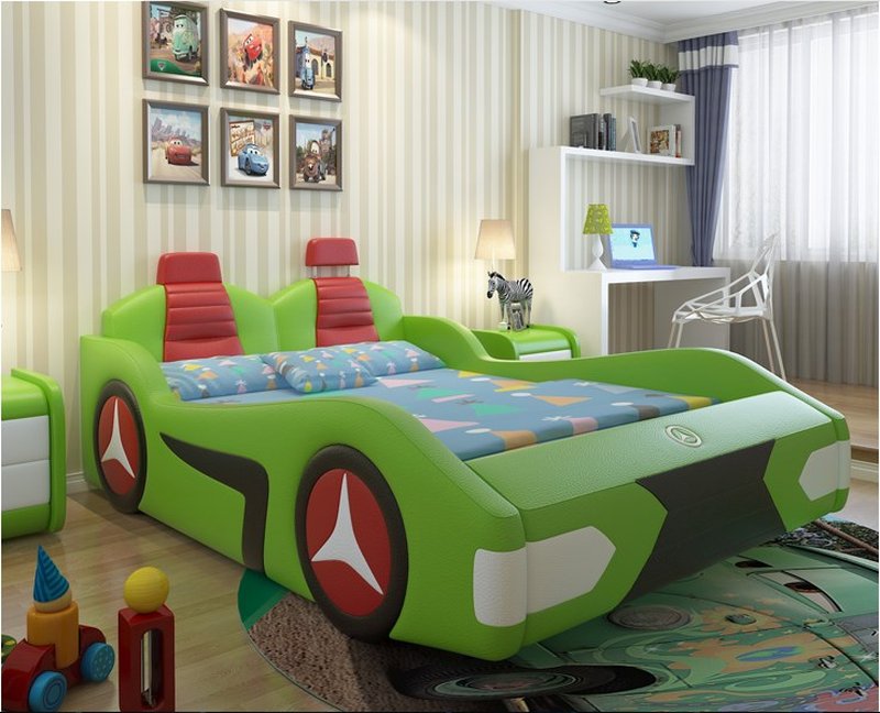 Giường ô tô trẻ em bọc da đẹp GTE088 màu xanh lá cây