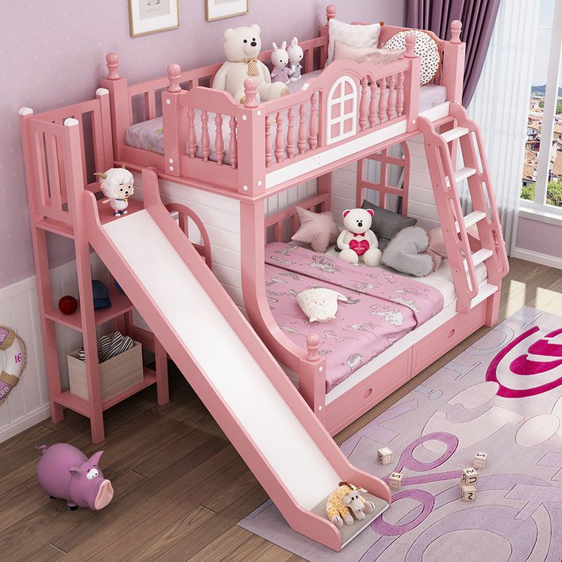 Giường tầng công chúa bé gái xinh xắn đẹp màu hồng GTE084 có cầu trượt