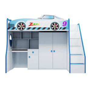 Combo giường tầng kiểu dáng ô tô cho bé trai GTE107 có bàn học + tủ quần áo