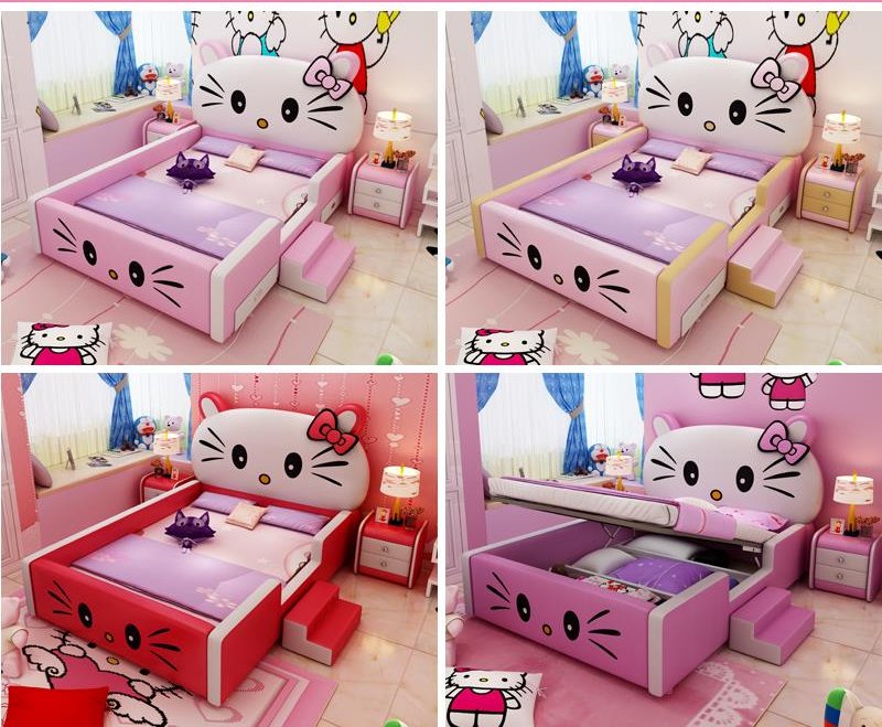 Giường ngủ hello kitty cho bé gái có cầu thang mini GTE118 màu hồng