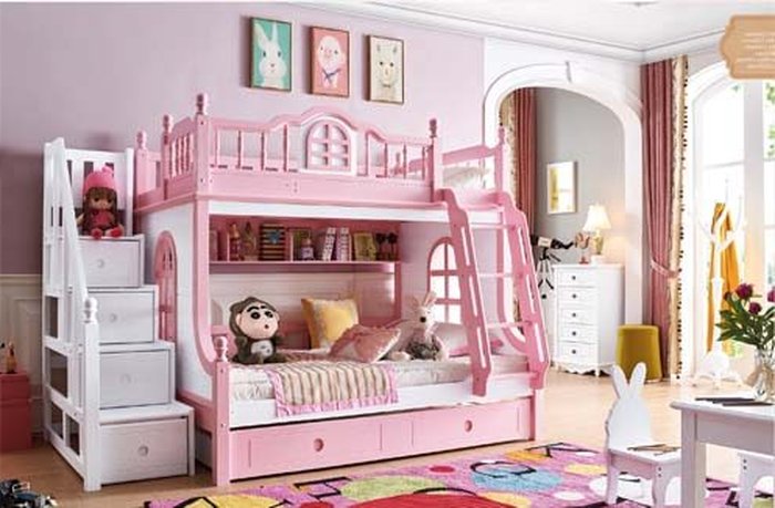 Mẫu giường ngủ 2 tầng dành cho bé cho bé màu hồng