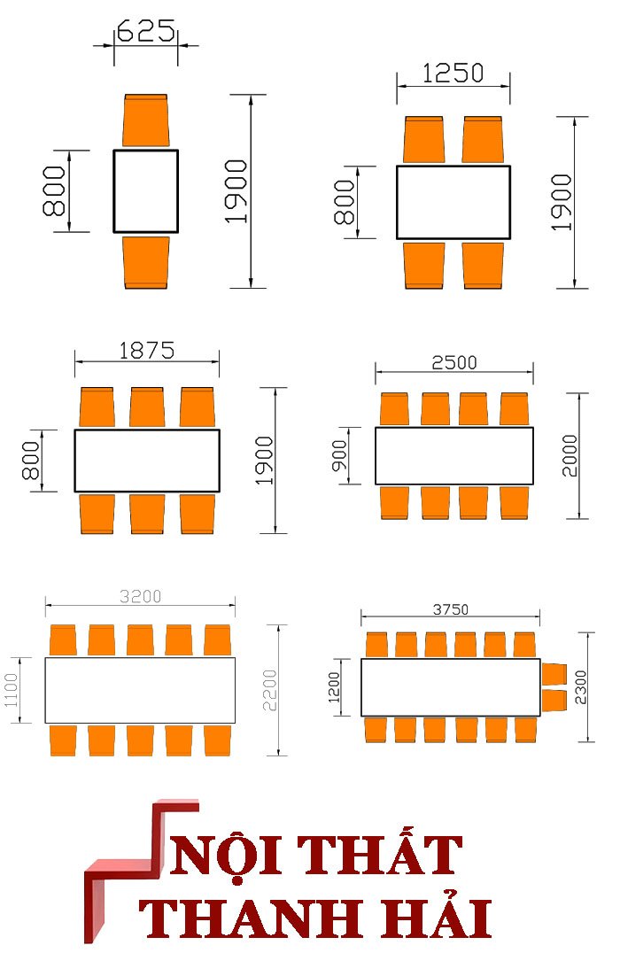 Kích thước bàn ăn 2, 4, 6, 8, 10, 12 ghế hình chữ nhật