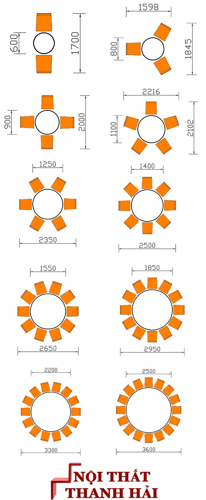 Kích thước bàn ăn hình tròn 2, 3, 4, 5, 6, 8, 10, 12, 14, 16 ghế chuẩn phong thủy
