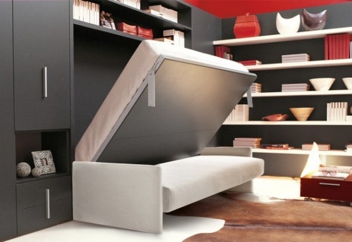 Giường gấp thông minh thiết kế hiện đại khi kết hợp tủ âm tường, giá sách, ghế sofa và giường ngủ