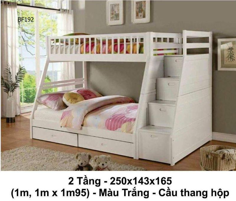 Mẫu giường tầng cầu thang treo màu trắng BF129-HK ( có cầu thang hộp)