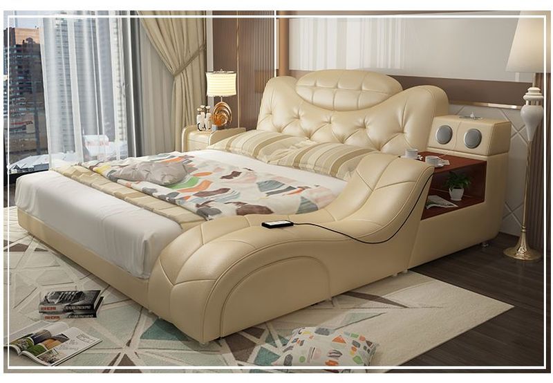 Giường ngủ hiện đại sang trọng có ghế massage thư giãn GN003 màu kem