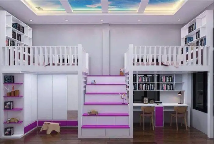 Giường 2 tầng có bàn học, tủ quần áo và cầu thang ở giữa GTE123
