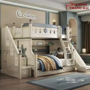 Giường tầng cho bé nhập khẩu có ngăn kéo, cầu trượt, cầu thang hộp GTE379