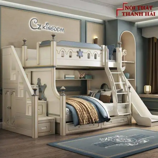 Giường tầng cho bé nhập khẩu có ngăn kéo, cầu trượt, cầu thang hộp GTE379