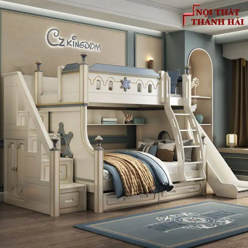 Giường tầng cho bé nhập khẩu có ngăn kéo, cầu trượt, cầu thang hộp GTE379