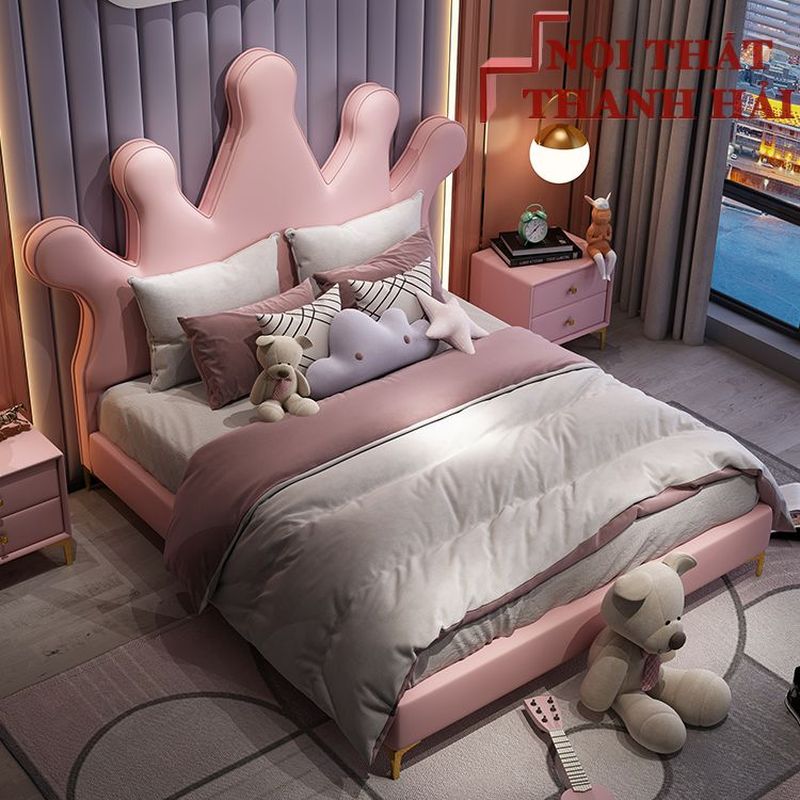 Giường công chúa vương miệng màu hồng cho bé gái