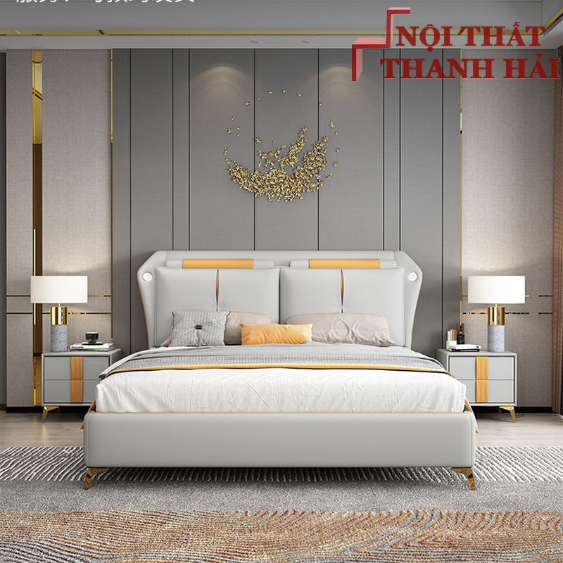 Giường ngủ Luxury cao cấp da bò thật từ Ý GN053 2