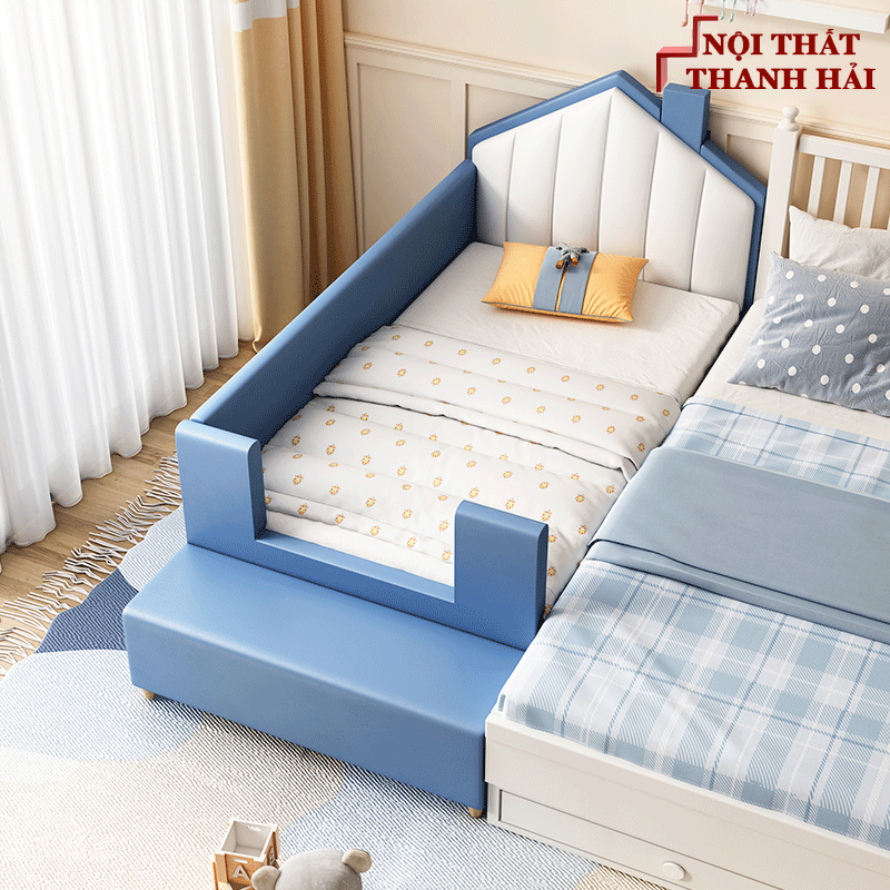 Giường nhỏ ghép kiểu ngôi nhà màu xanh bé trai
