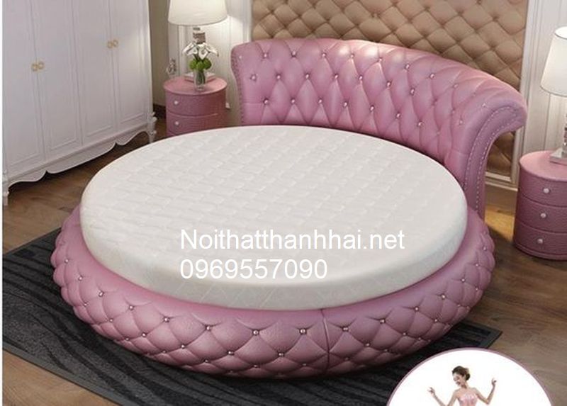 Giường ngủ hình tròn đẹp bọc da, bọc nỉ 3 - màu hồng