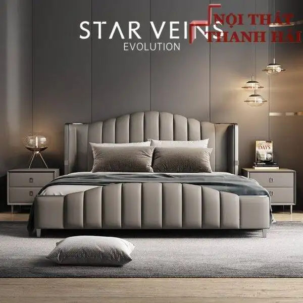 Giường luxury cao cấp nhập khẩu bọc da bò thật GN068