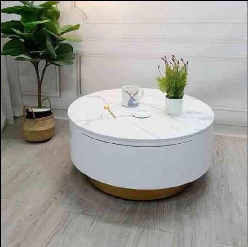 Bàn tròn mặt đá ceramic có ngăn kéo màu trắng