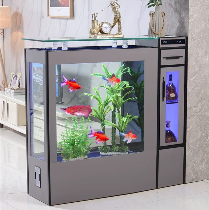 Bể cá kiêm tủ để rượu trong nhà BC048 chữ nhật màu ghi xám