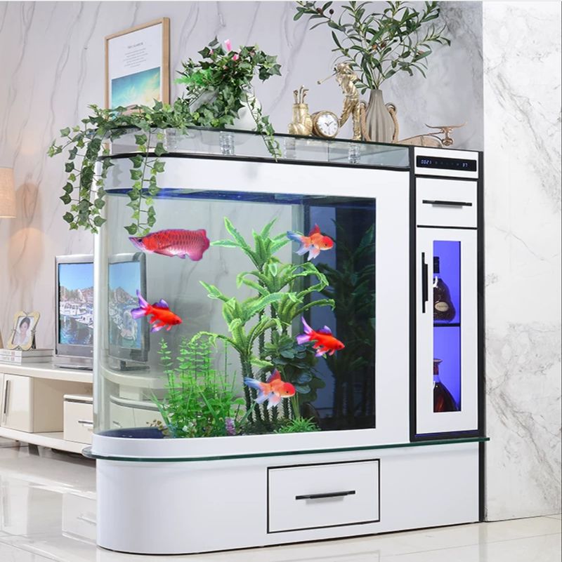 Bể cá kiêm tủ để rượu trong nhà BC048 kính cong màu trắng kiểu B Bể cá kiêm tủ để rượu trong nhà BC048 kính cong màu trắng kiểu B