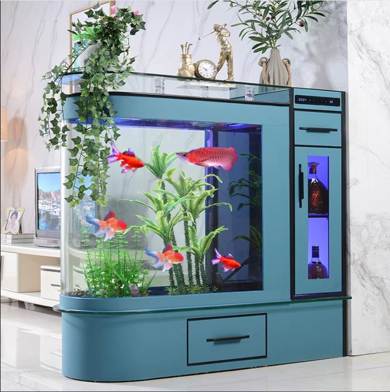 Bể cá kiêm tủ để rượu trong nhà BC048 kính cong màu xanh cổ vịt kiểu B Bể cá kiêm tủ để rượu trong nhà BC048 kính cong màu xanh cổ vịt kiểu B