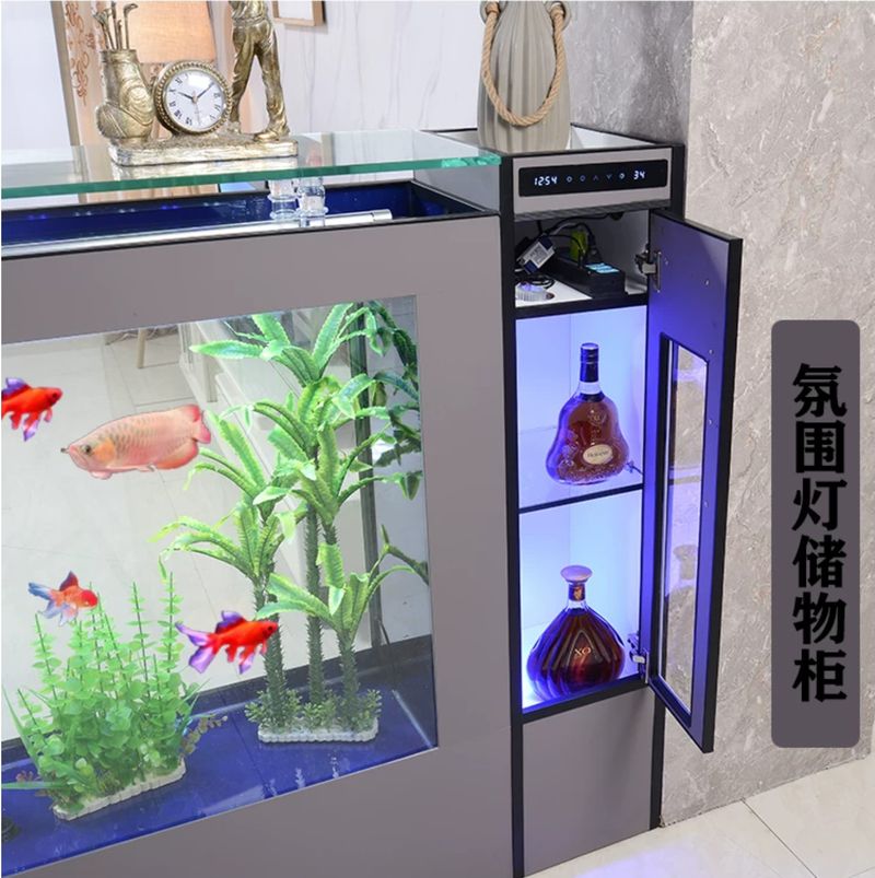 Bể cá kiêm tủ để rượu trong nhà BC048 có tủ rượu và màn hình hiển thị